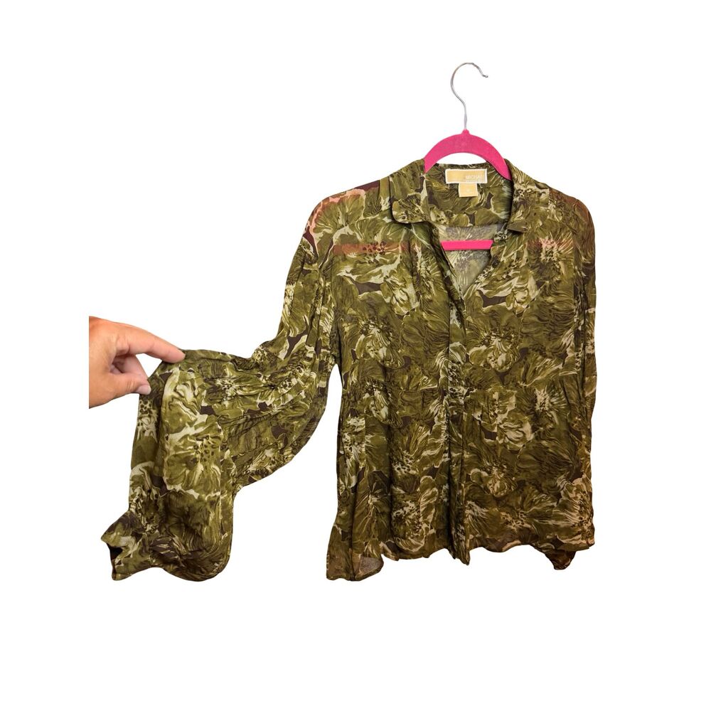MICHAEL Michael Kors Sheer Floral Blouse Sz 2 Green Button Up Balloon Sleeve Top - Picture 2 of 9